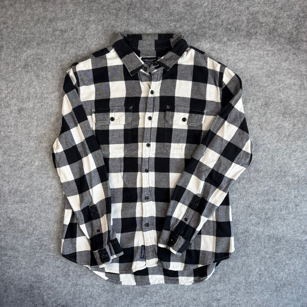 American Eagle Mens XL Buffalo Plaid Flannel Shirt Black White Long Sleeve XL